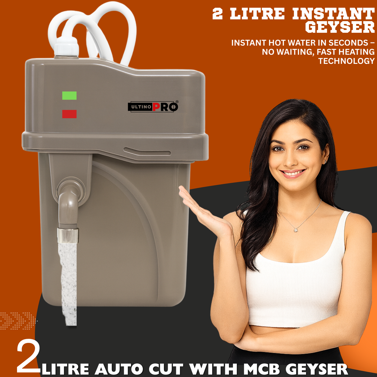 UltinoPro Instant Water Geyser 2 L Portable Water Heater, Made of First Class ABS Plastic, Auto Cut Off Feature with 1 Year Warranty, for Home, Office, etc, Smart Geyser (Beige With MCB)