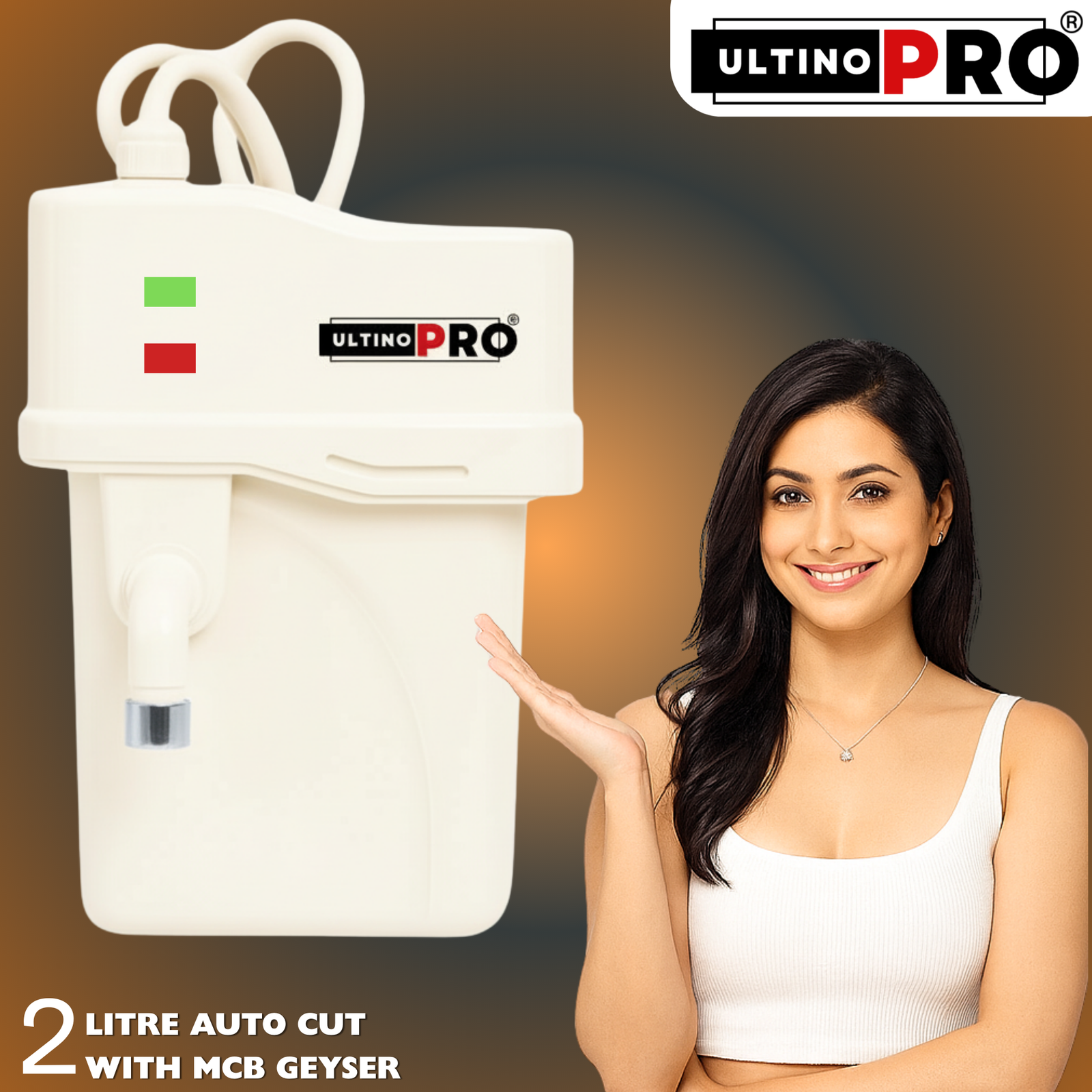 UltinoPro Instant Water Geyser 2 L Portable Water Heater, Made of First Class ABS Plastic, Auto Cut Off Feature with 1 Year Warranty, for Home, Office, etc, Smart Geyser With MCB (White)
